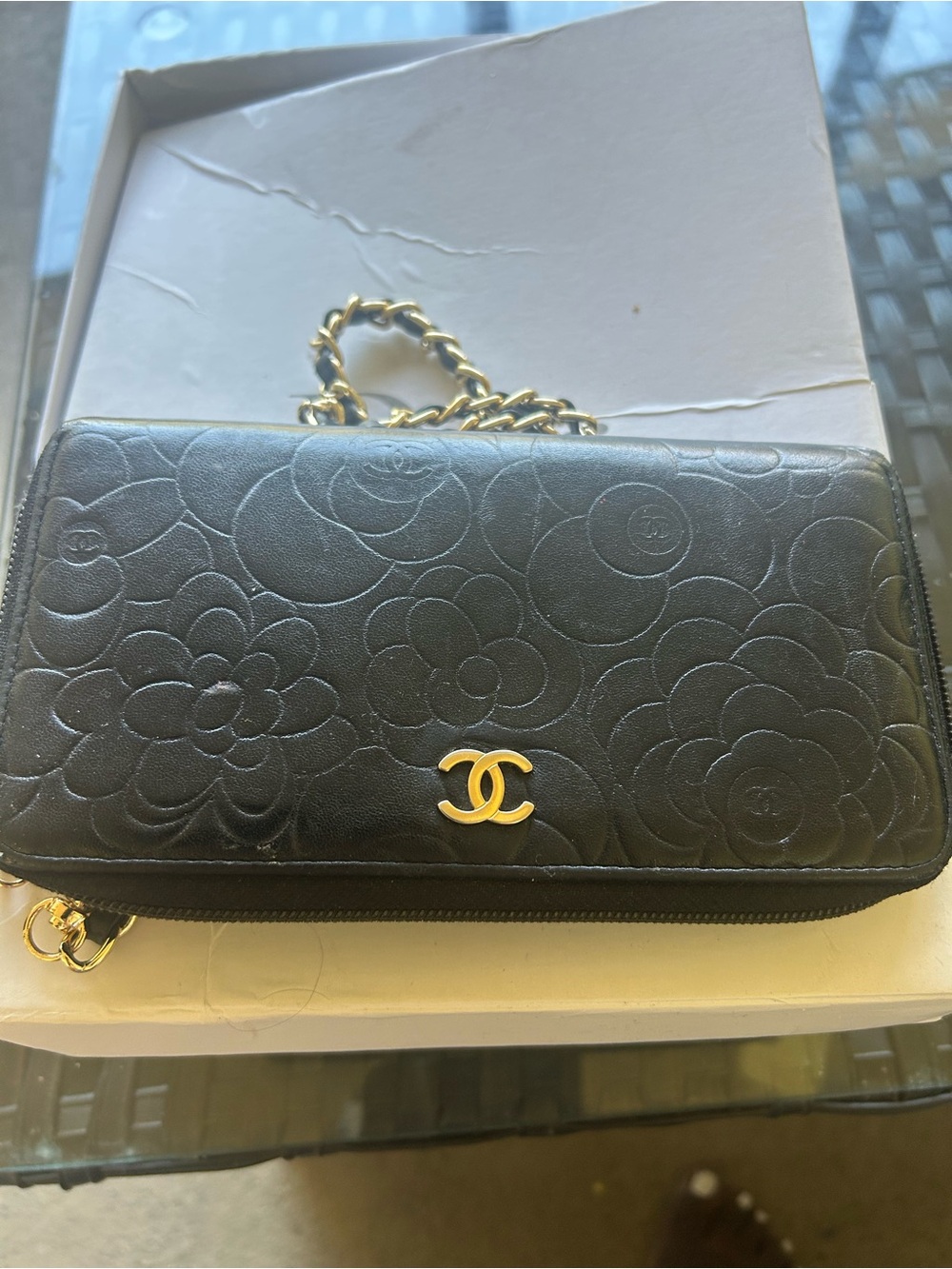 Chanel Black Quilted Floral Leather Crossbody Wallet with Gold Chain Chanel